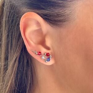 4th of July Ear Climbers, Sterling  Patriotic Earrings, Handmade Crystal Jewelry